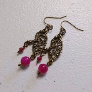 Boho Chic Dangle Earrings ~ Pink Agate & Bronze Filigree for Feminine Flair
